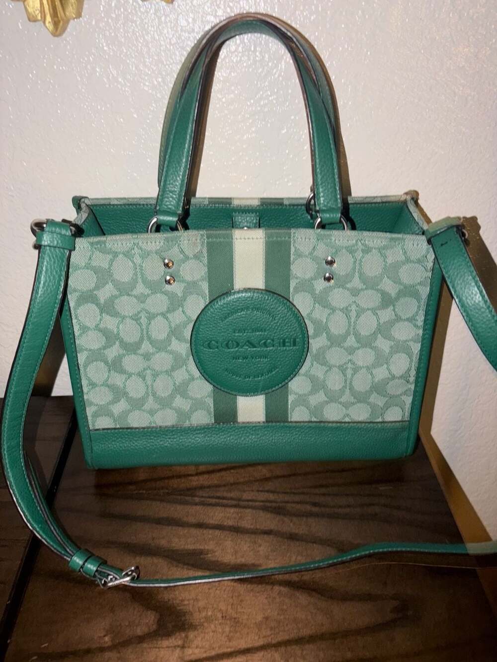 Coach Dempsey Tote 22 In Signature Jacquard With Stripe And Coach Patch